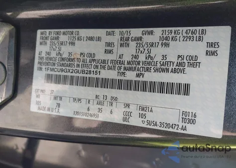 2016 Ford Escape Se from USA, damaged, VIN 1FMCU9GX2GUB28151